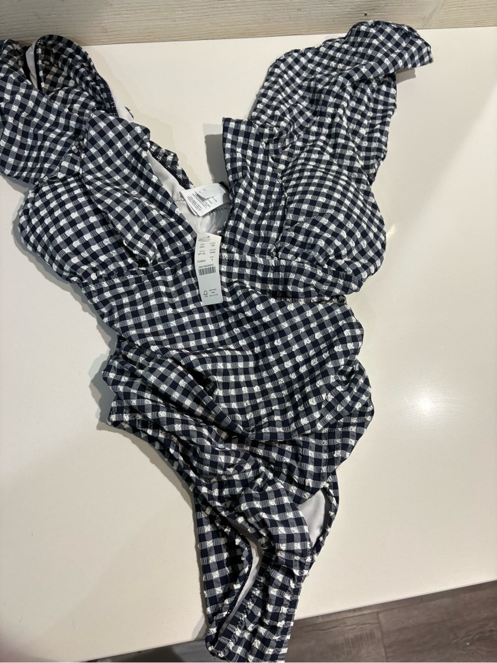 J. Crew Navy and White Gingham Ruffle Bodysuit NWT